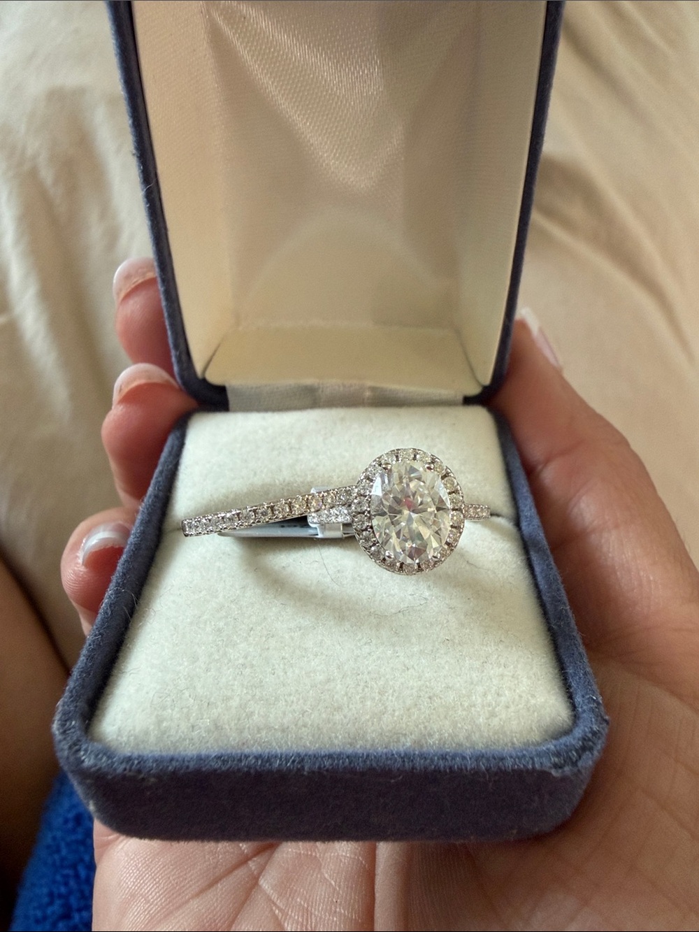 Halo Oval Moissanite Engagement and Wedding Band Ring set in Silver